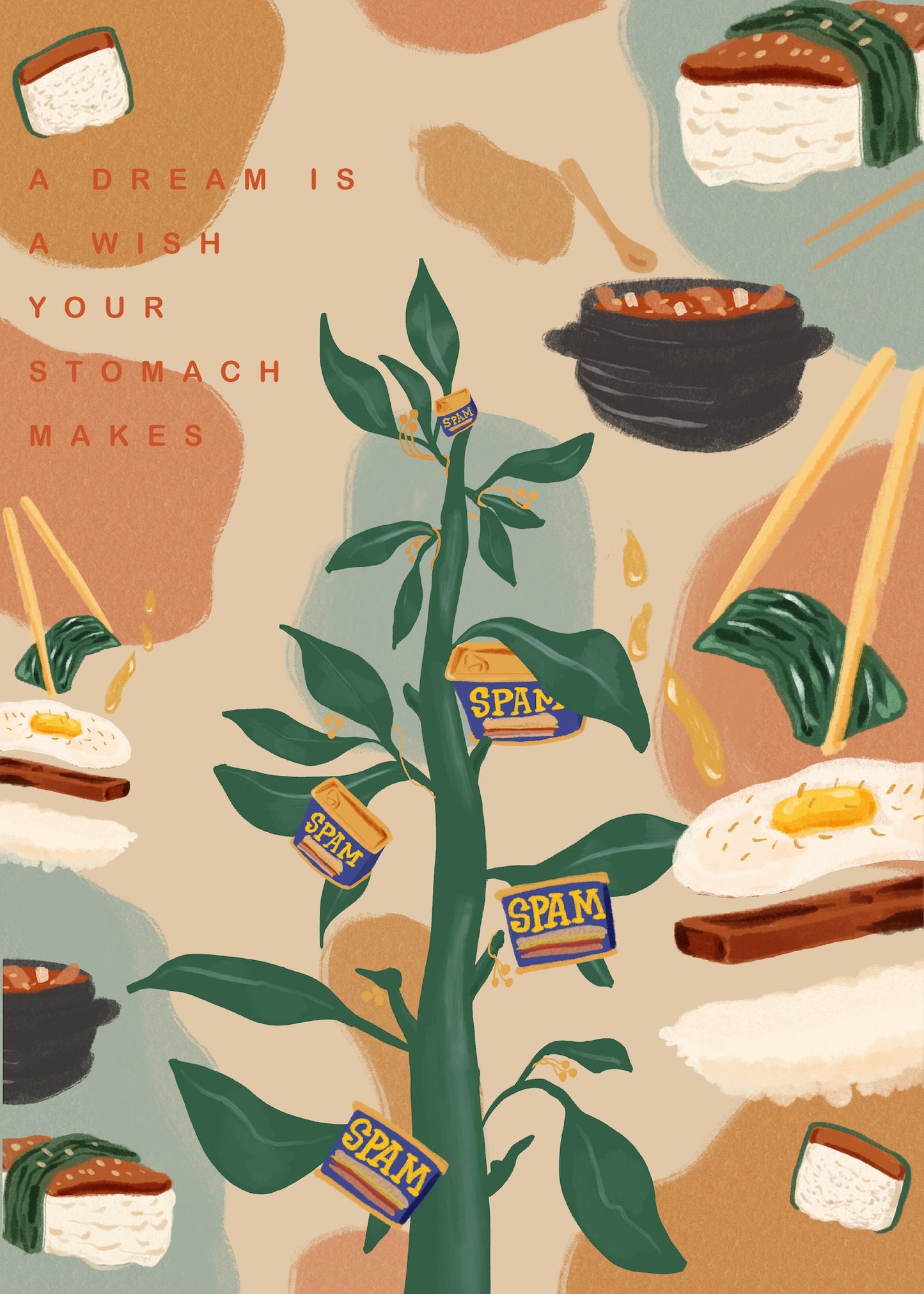 Under the Spam Tree : Original Asian American Cute Foodie Art Illustration